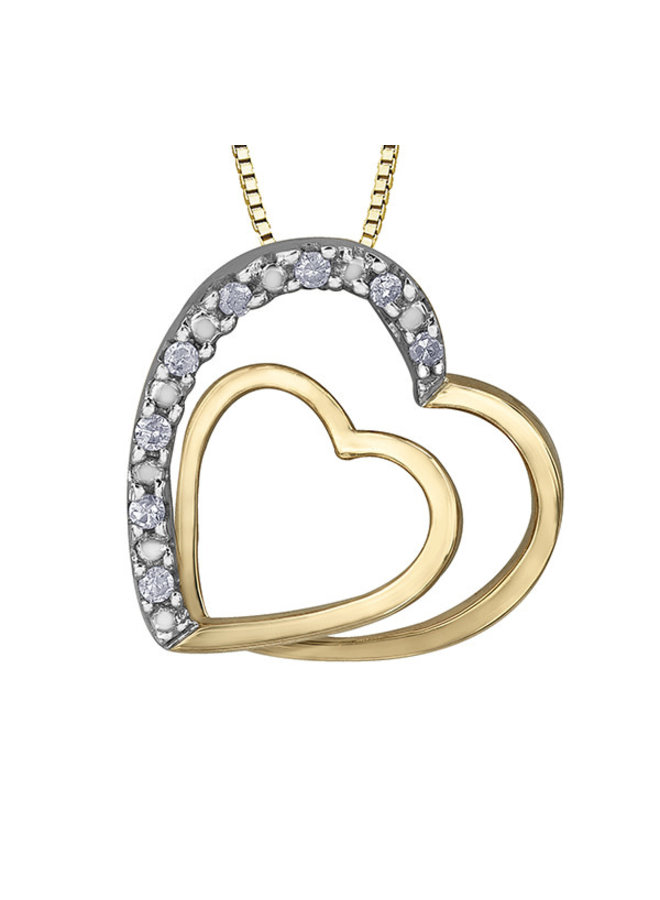 Double Heart Pendant 10k Yellow 8 Diamonds = 0.05ct I1 J Chain Included