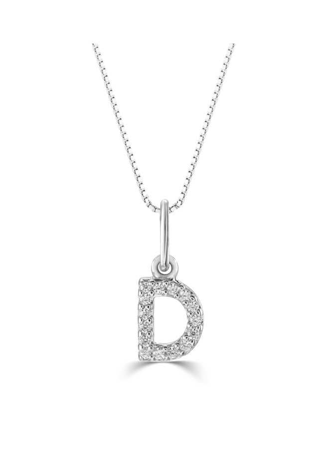 Pendentif lettre D 10k blanc diamant totalissant 0.05ct chaîne cable 18'' inclus