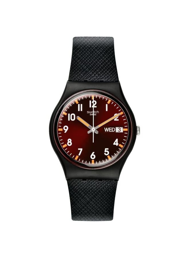 Swatch bracelet noir silicone fond rouge