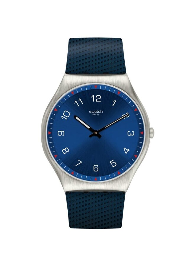 Swatch bleu acier silicone fond bleu
