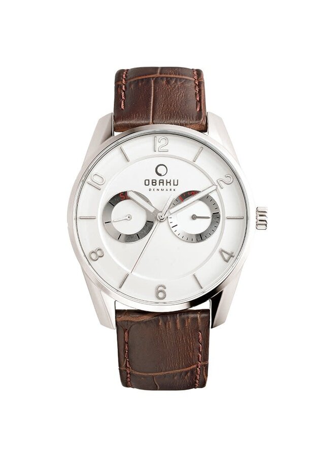 Montre H acier br cuir brun fond blanc