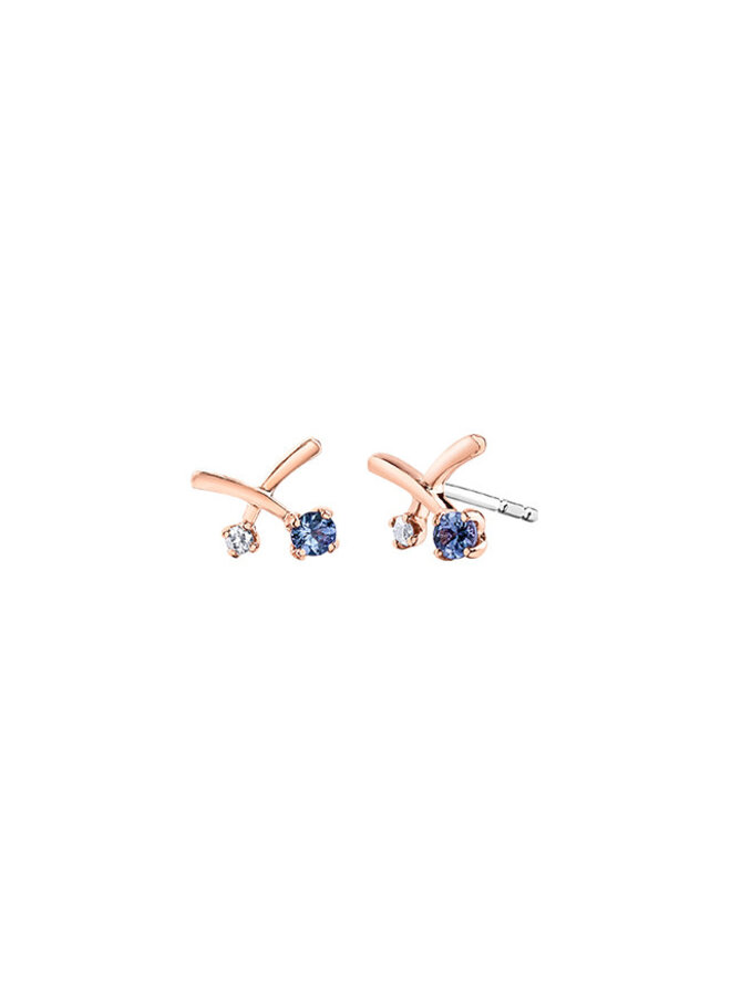Pink 14k Canadian diamond earrings 2=0.048ct SI1 F 2x2.5mm tanzanites