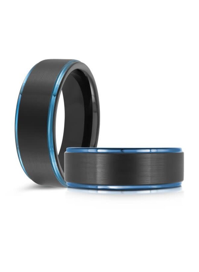 Jonc homme tungstène noir et bleu brossé 8mm