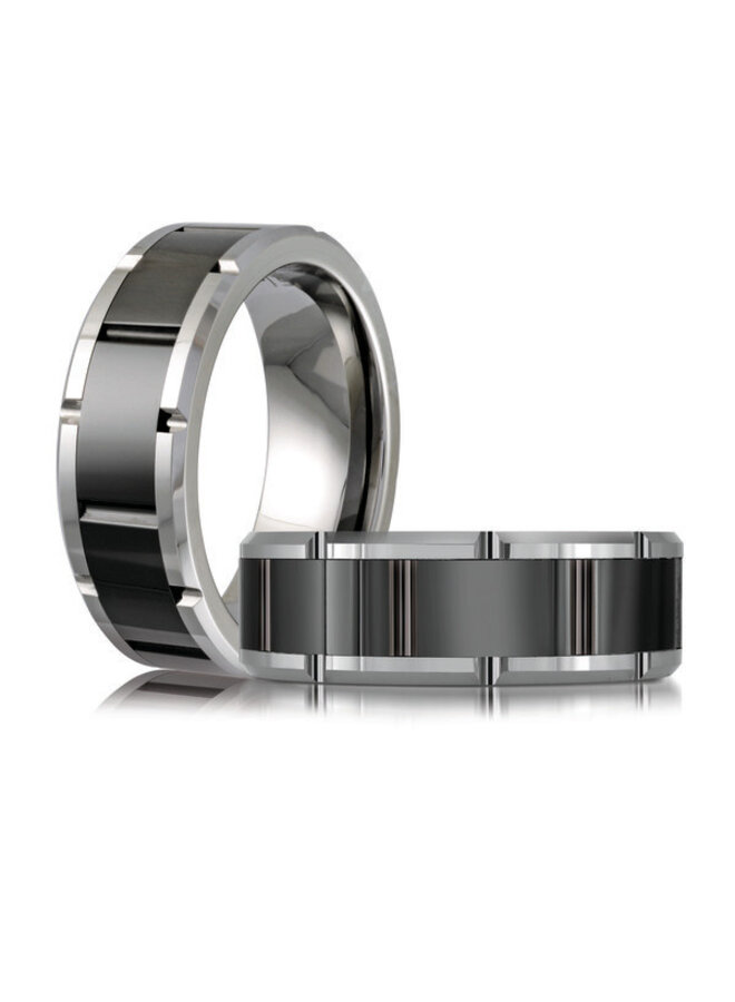 Jonc tungsten noir et argenté rectangles 8mm