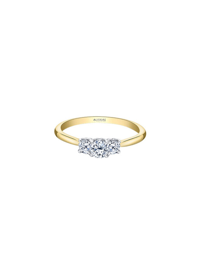 Bague or jaune 14k trinité diamants canadiens 1x0.25ct 2=0.221ct SI2 G