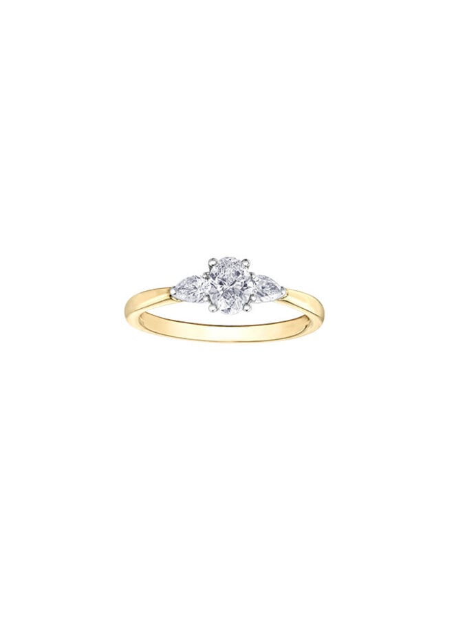 14k yellow trinity diamond ring oval 1x0.40ct pears 2x0.25ct I GH