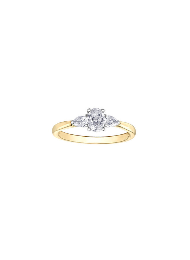 Bague jaune 14k trinité diamant ovale 1x0.40ct poires 2x0.25ct I GH