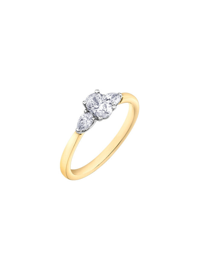 Bague jaune 14k trinité diamant ovale 1x0.40ct poires 2x0.25ct I GH