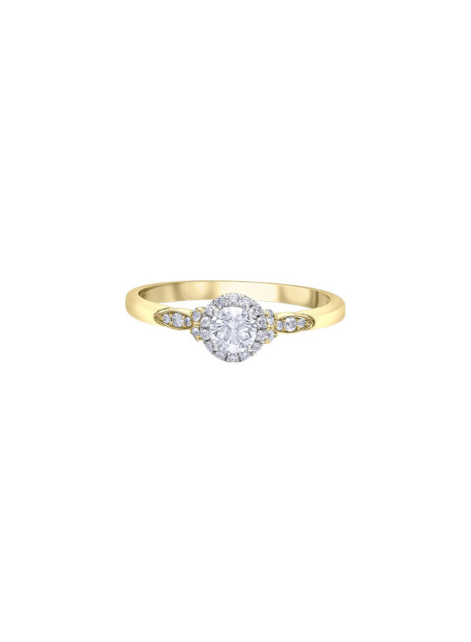 Bague or jaune 14k halo diamants 1=0.30ct 24=0.134ct I GH