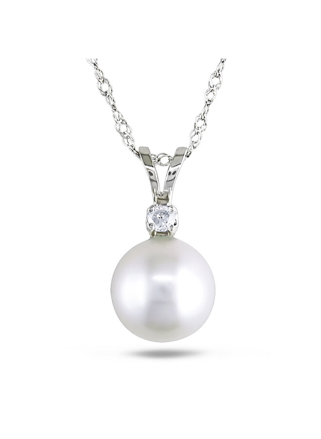 Collier or blanc 14k perle blanche 7-7.5mm diamant 0.05ct