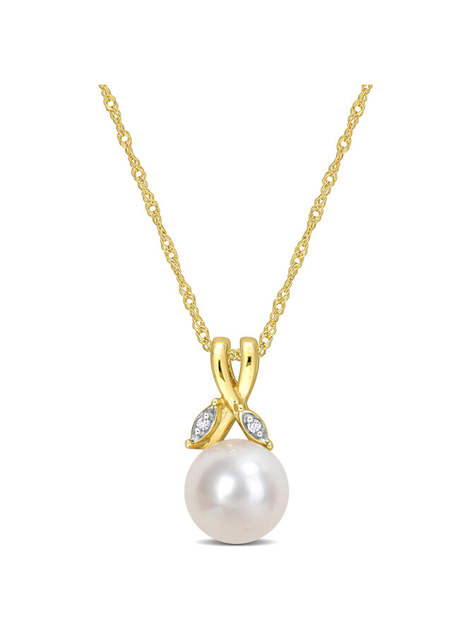 Collier or jaune 10k perle 7.5-8mm diamants 0.01ct