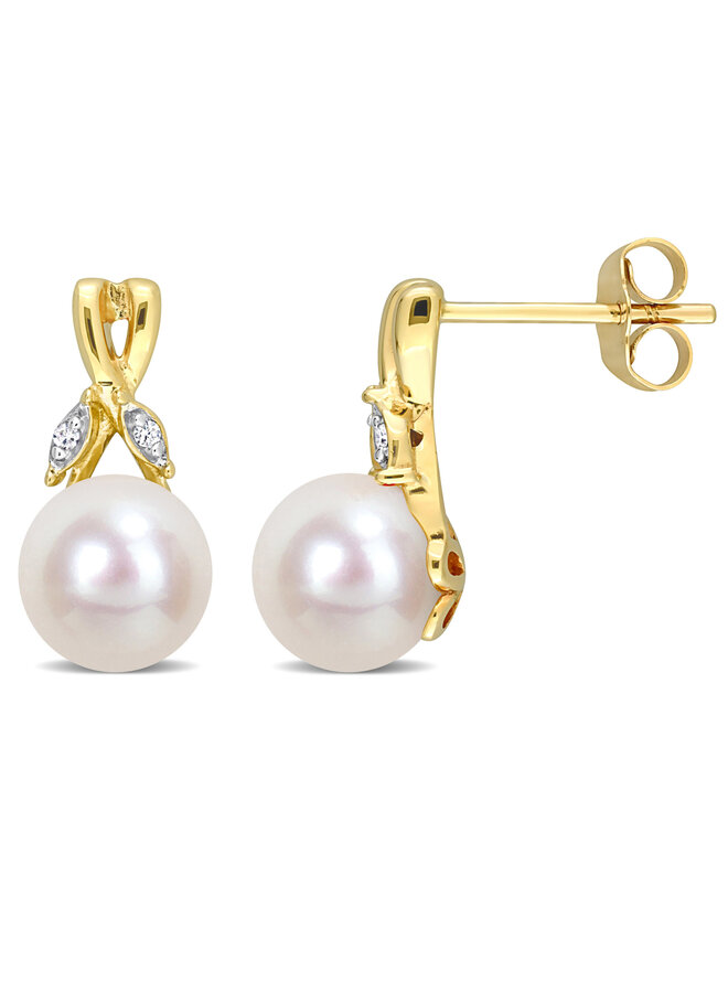 10k yellow gold drop earrings 7.5-8mm pearls 0.02ct diamonds