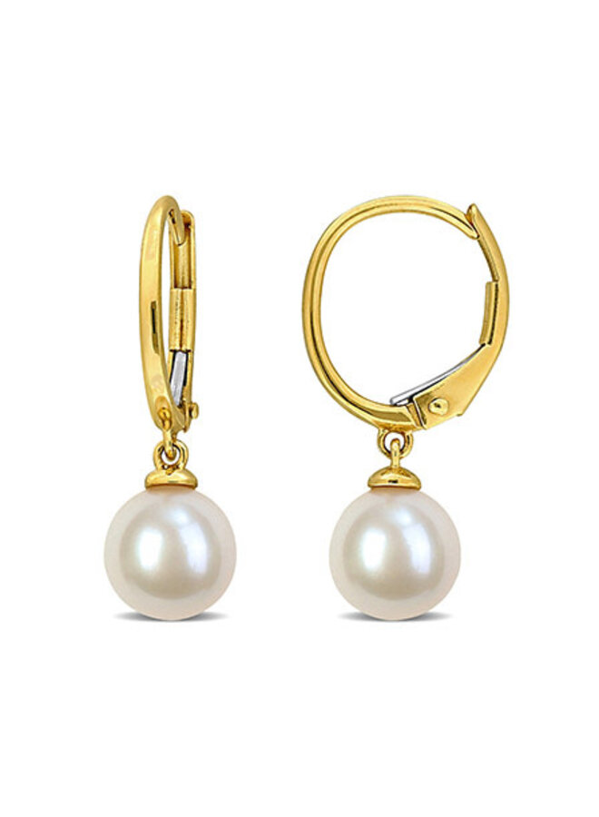 Boucles d'oreilles anneaux or jaune 14k perles blanches 7-7.5mm