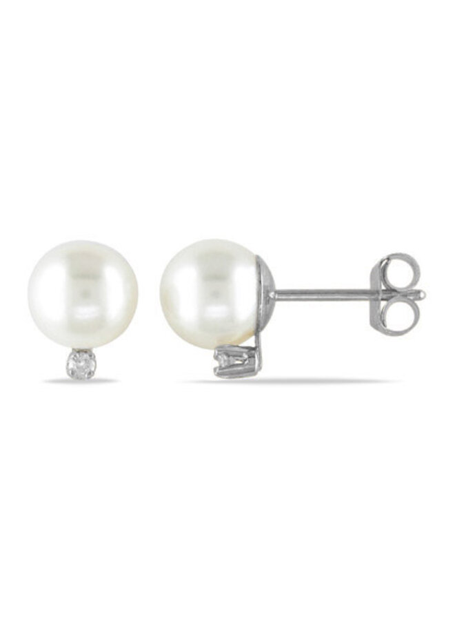 Boucles d'oreilles fixes or blanc 14k perles blanches 6-6.5mm diamants 0.04ct