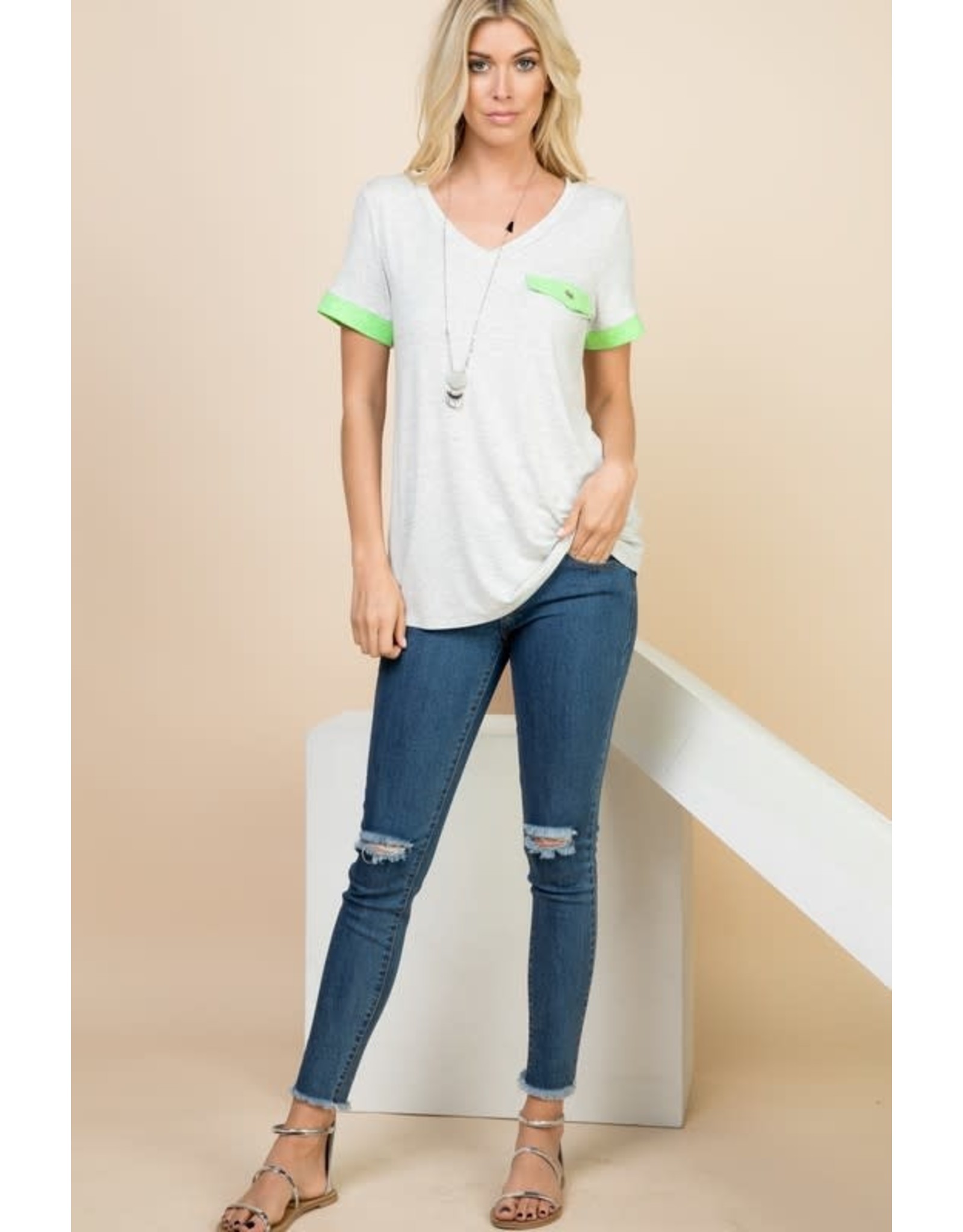 Short Sleeve Solid V-Neck Top with Contrast Detail
