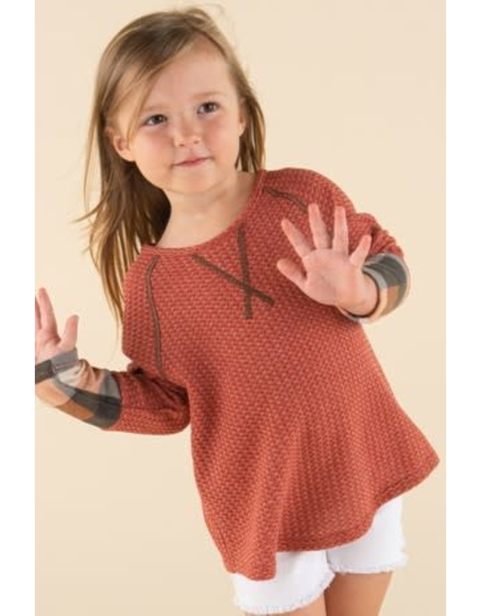 Kids Solid Waffle Knit Top with Plaid Contrast Cuffs