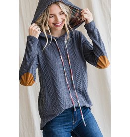 Cable Knit Hooded Pullover with Plaid Contrast