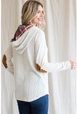 Cable Knit Hooded Pullover with Plaid Contrast