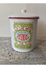 Enameled Container with Lid and Red Rim