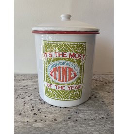 Enameled Container with Lid and Red Rim