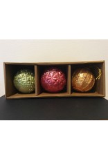 3" Round Embossed Glass Ornaments in Kraft Box- Orange Set of 3