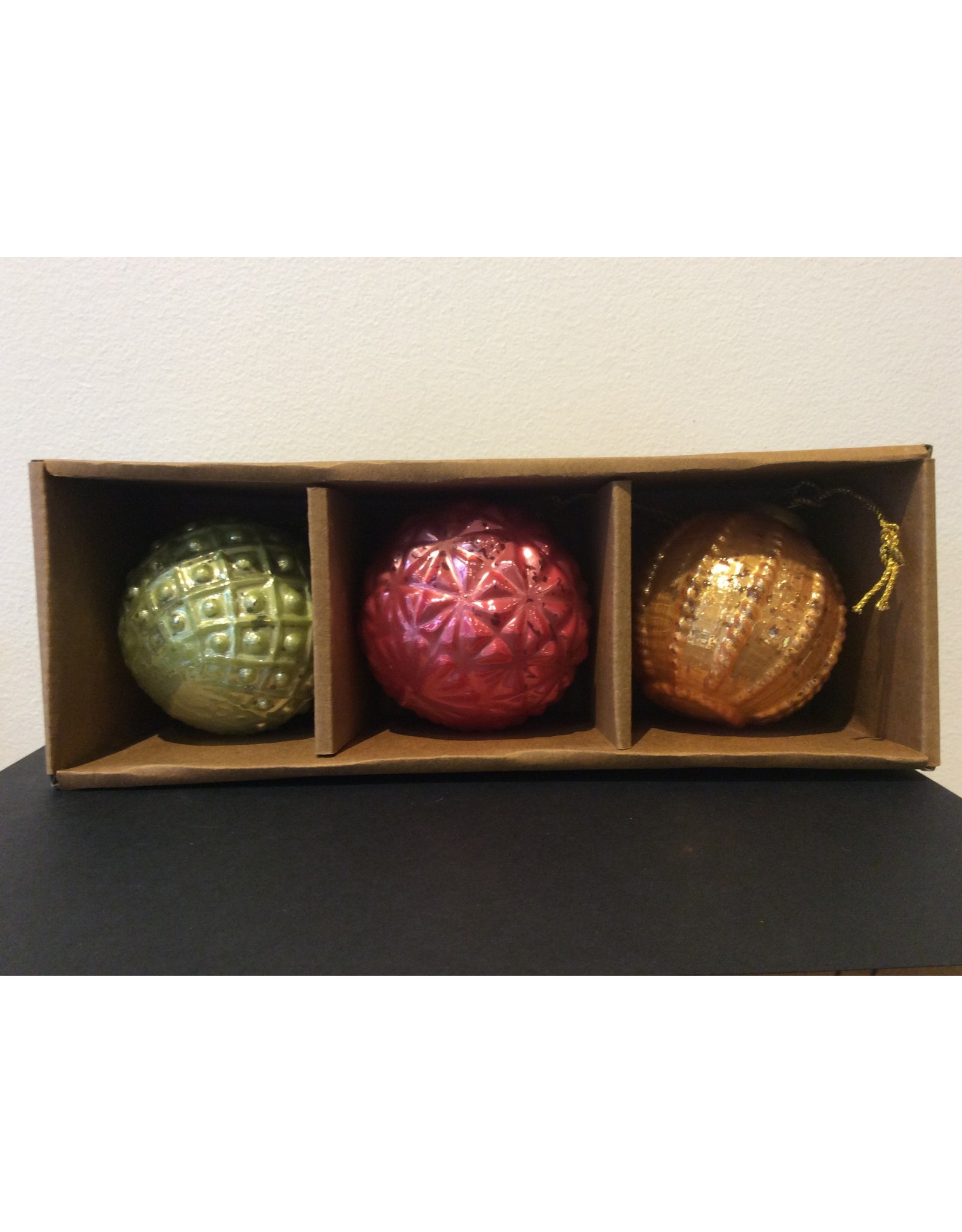 3" Round Embossed Glass Ornaments in Kraft Box- Orange Set of 3
