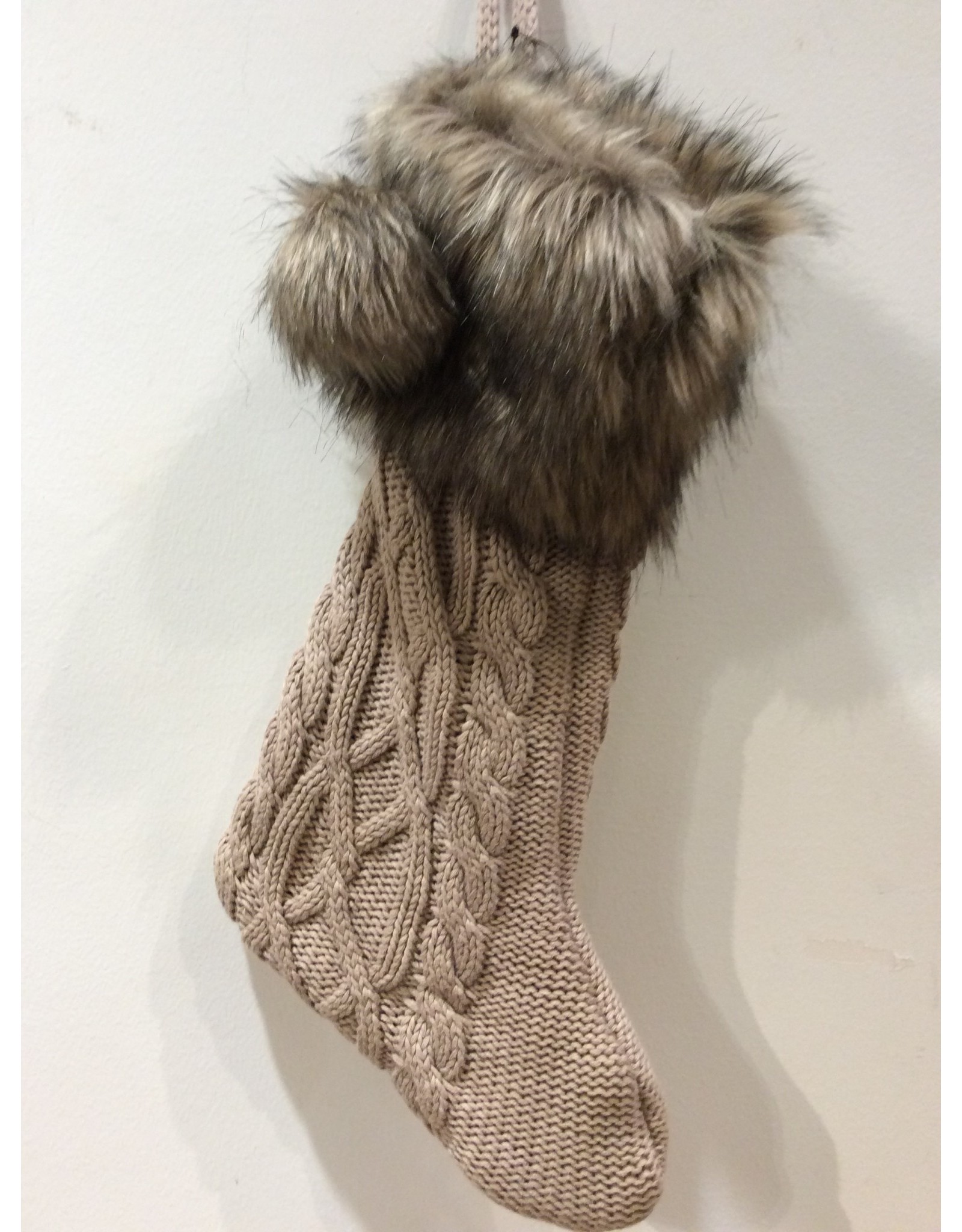 20"H Cotton Knit Stocking with Faux Fur Cuff and Pom Poms, Taupe Color