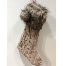 20"H Cotton Knit Stocking with Faux Fur Cuff and Pom Poms, Taupe Color
