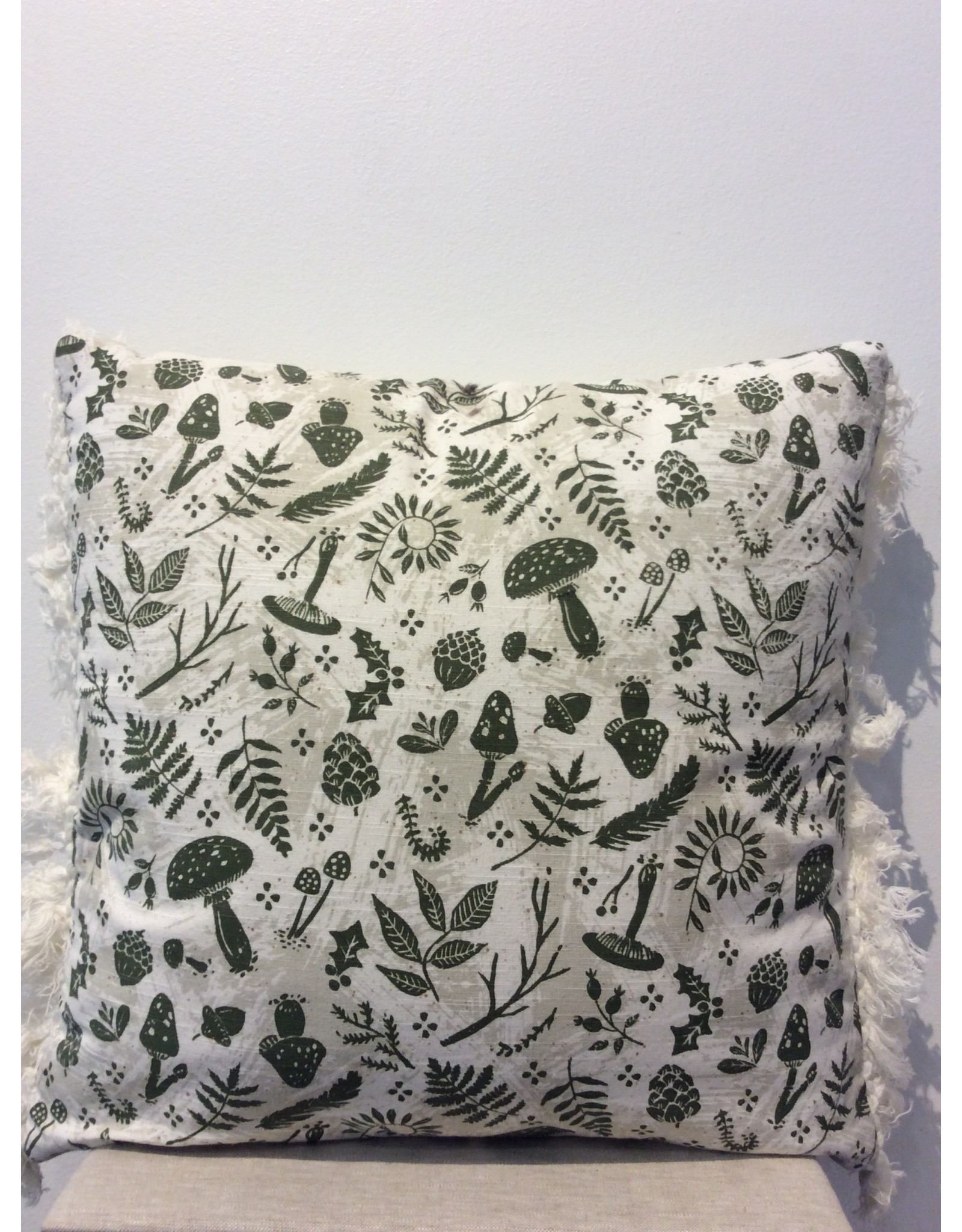 18" Square Cotton Slub Printed Pillow with Pattern and Fringe, Multi Color