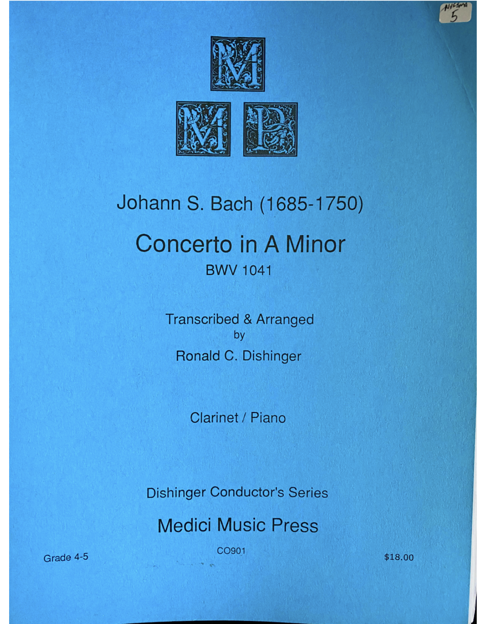 Medici Music Press Bach - Concerto in A Minor Clarinet and Piano CO901