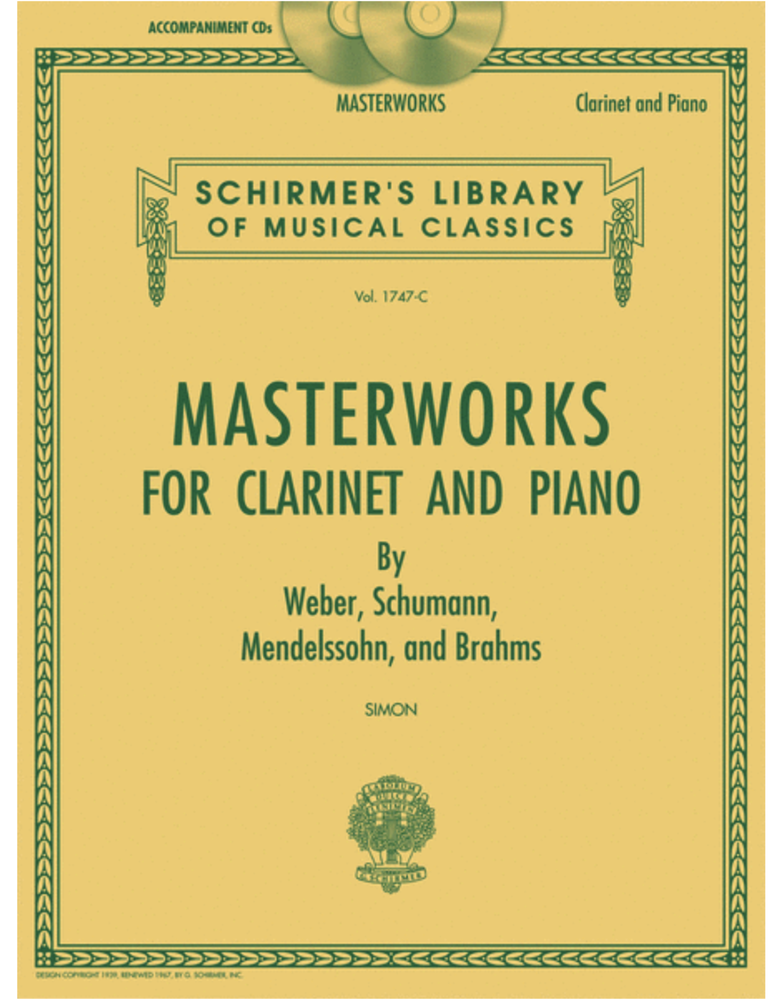Hal Leonard Masterworks for Clarinet and Piano Schirmer Library of Classics Volume 1747 Clarinet and Piano arr. Eric Simon