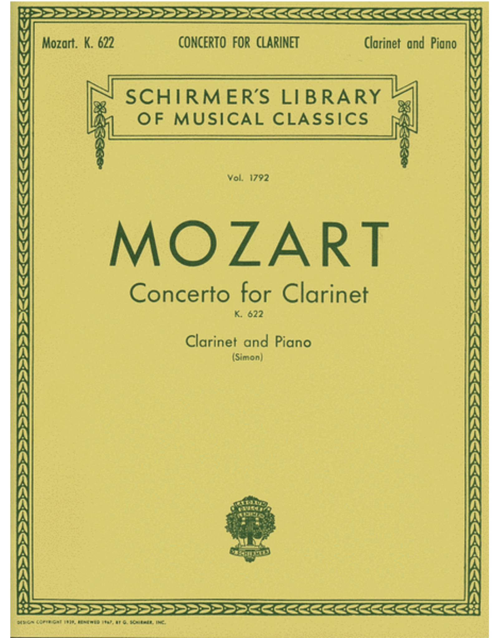 Schirmer Mozart - Clarinet Concerto in Bb Major, K. 622 Schirmer Library of Classics Volume 1792 arranged by Eric Simon