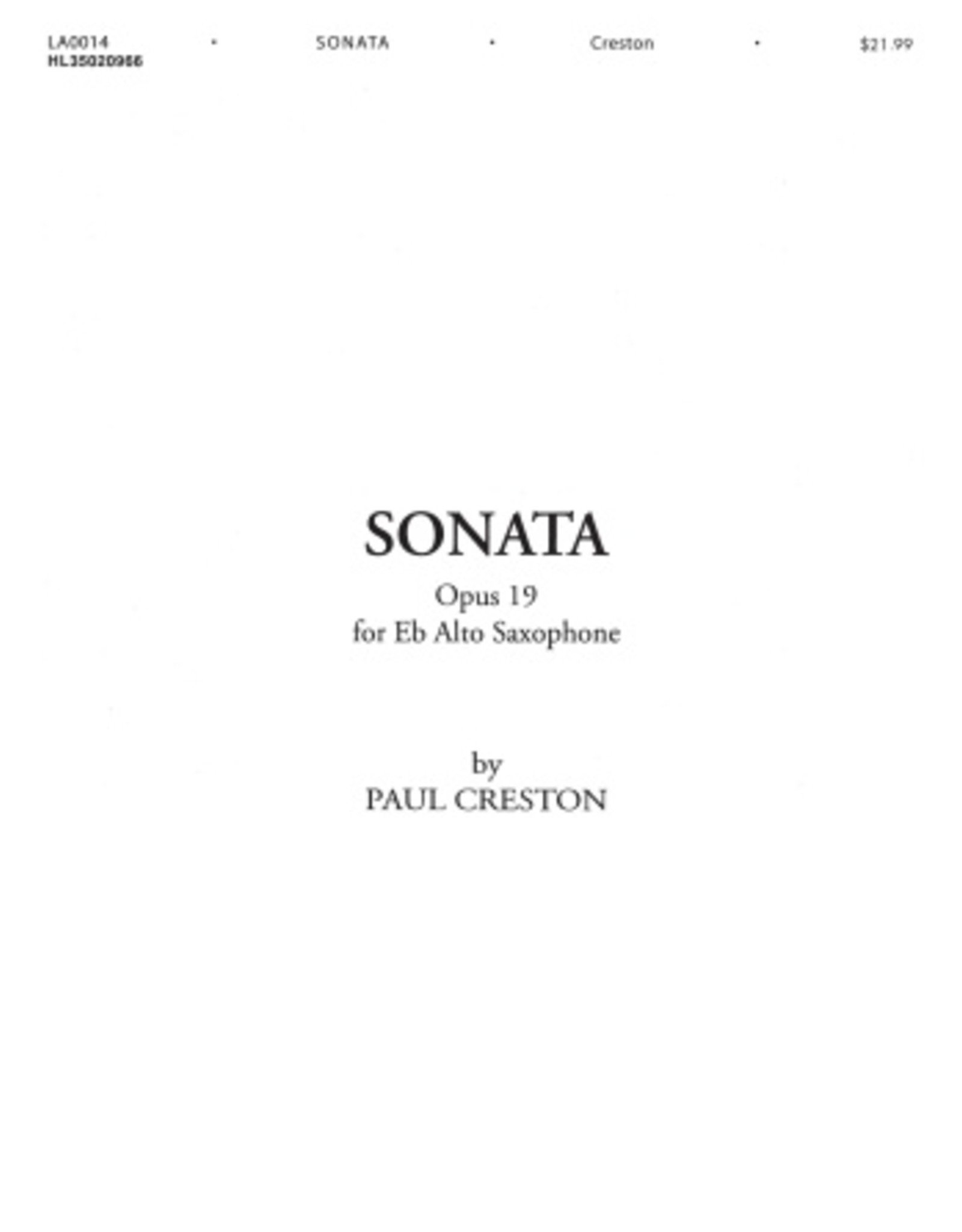 Hal Leonard Creston - Sonata, Op. 19 for E-Flat Alto Saxophone Shawnee Press