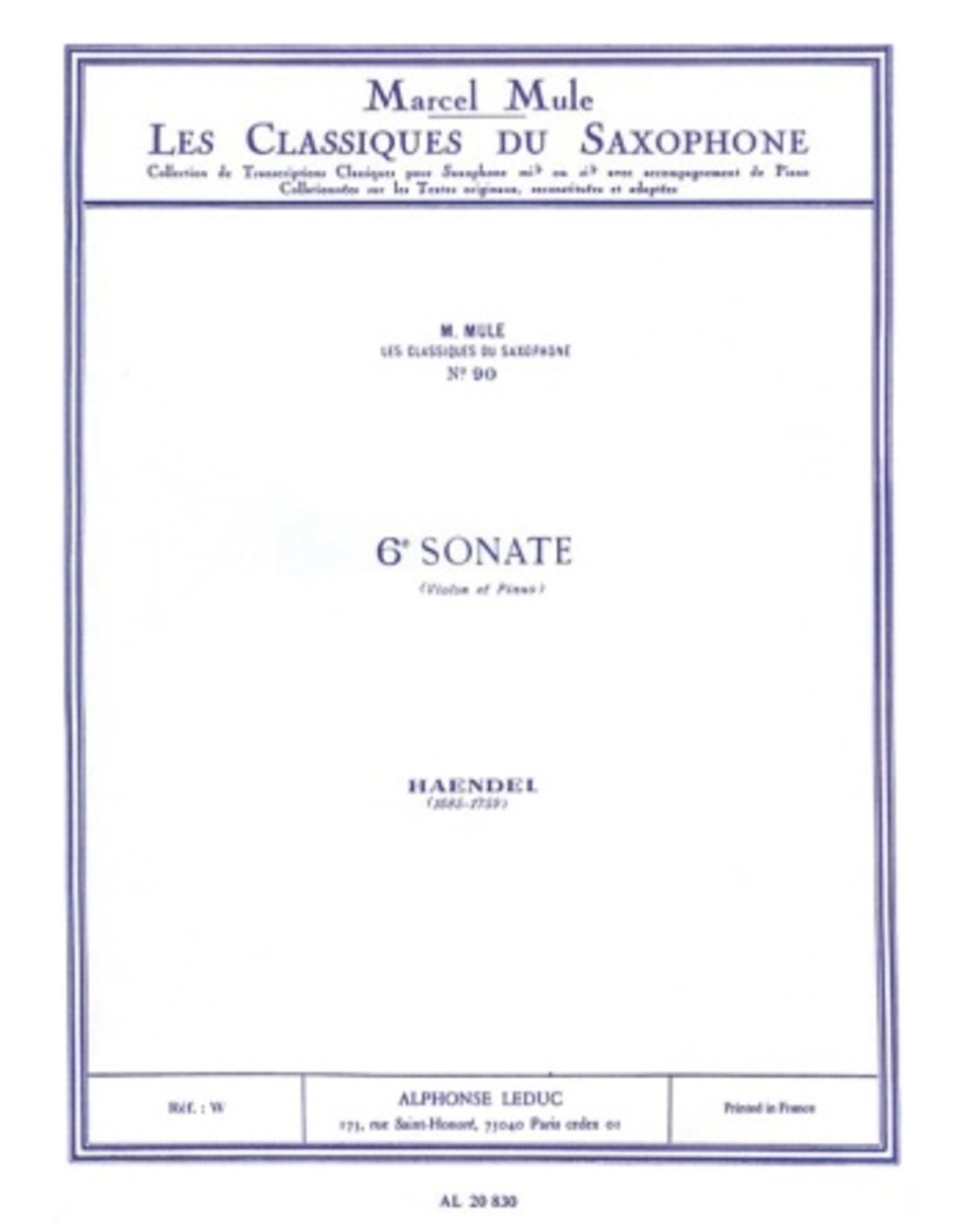 Alphonse Leduc 6e Sonate de Haendel [6th Sonate of Handel] for Saxophone and Piano Softcover (arr. Marcel Mule)