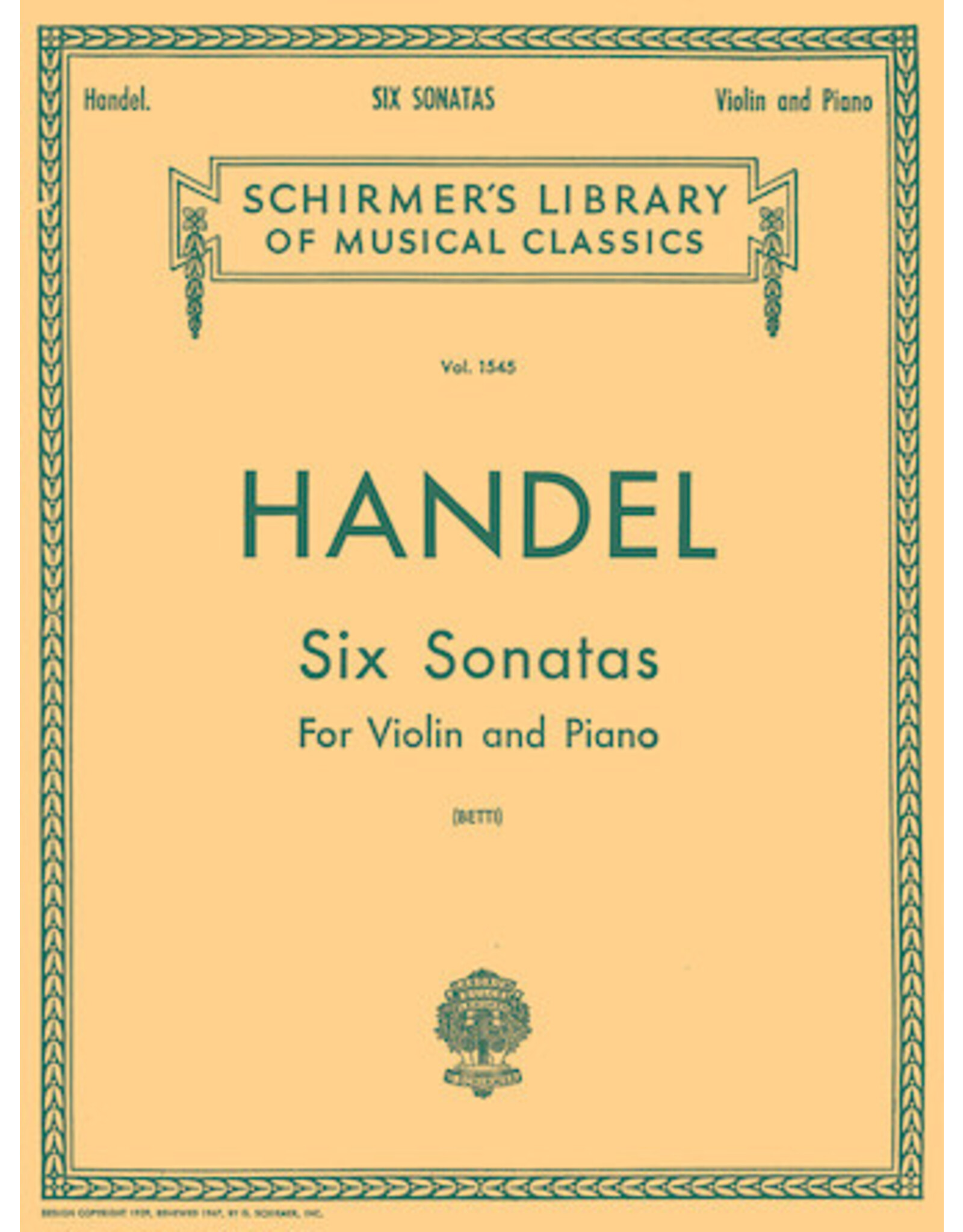 Hal Leonard Handel - Six Sonatas Violin and Piano (Betti) String Solo