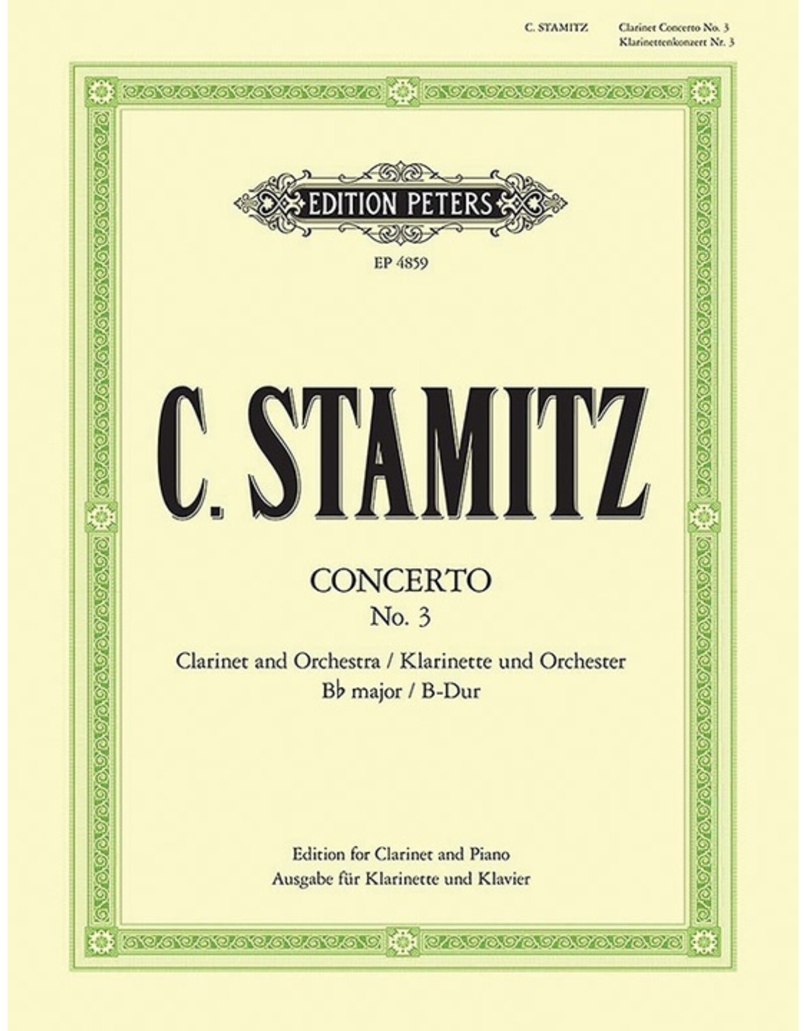 Edition Peters STAMITZ - CONCERTO (KONZERT)  NO 3 B FLAT CLARINET/PIANO