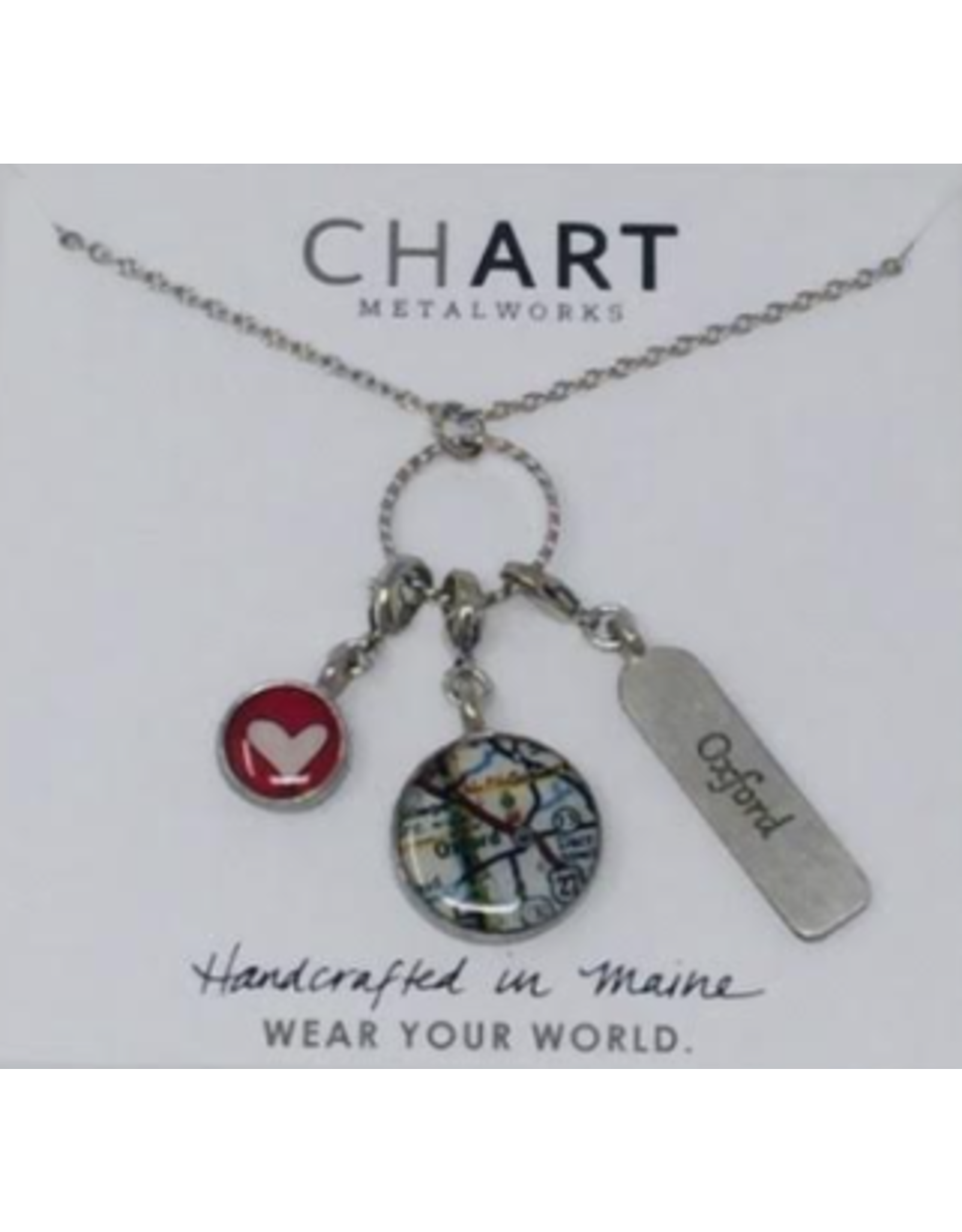 Chart Metalworks Chart Tripolo Necklace, Oxford Tag/Oxford Map/Heart Charm