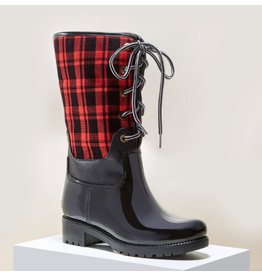 red plaid rain boots