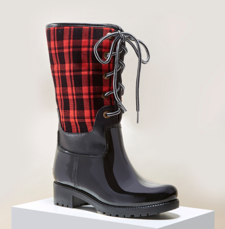 red and black plaid rain boots