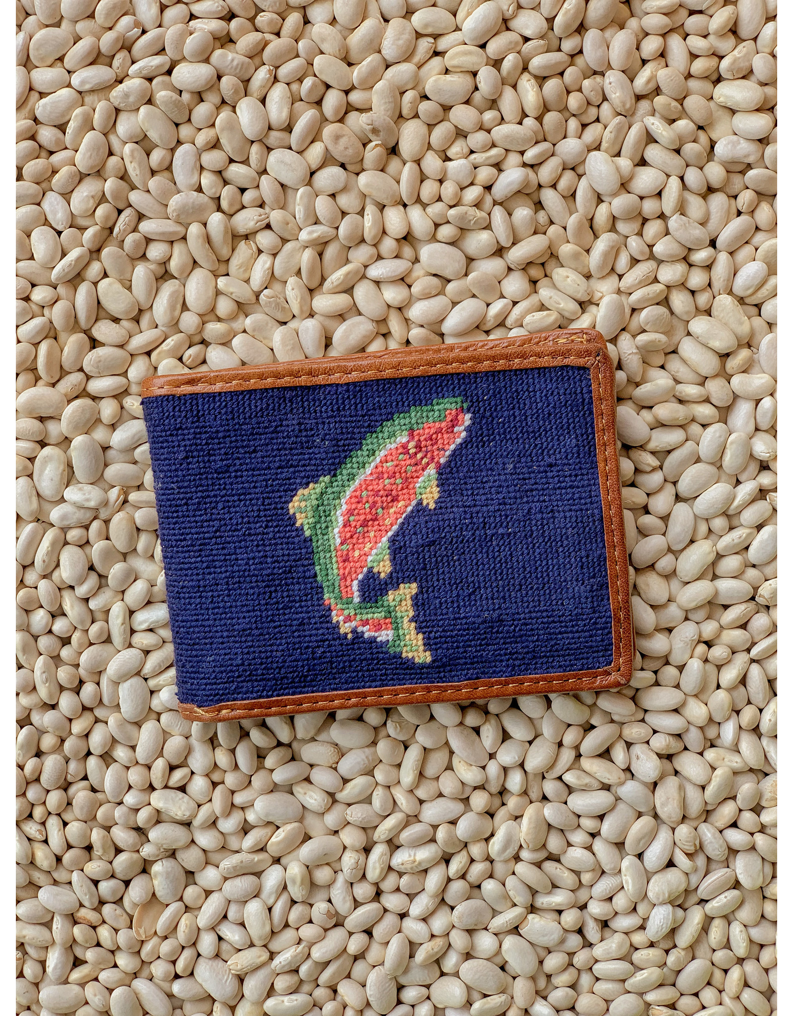Smathers & Branson S&B Needlepoint Bi-fold Wallet, Trout and Fly, Navy