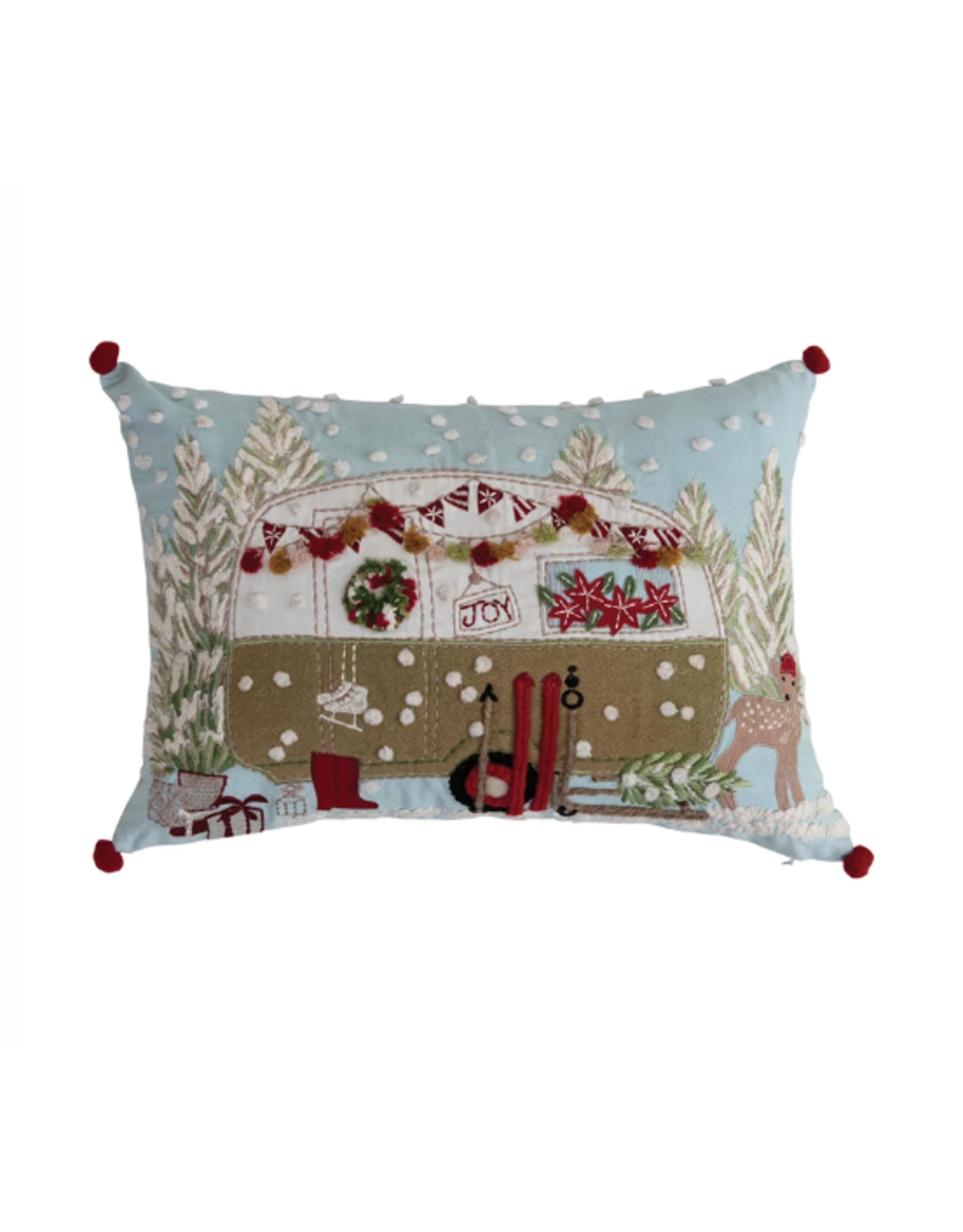 Creative Co-Op Cotton Lumbar Pillow with Camper, Embroidery, Applique & Pom Poms