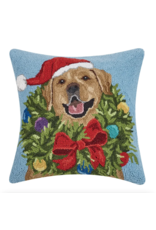 Peking Handicraft Hooked Pillow, Santa Golden Lab with Wreath