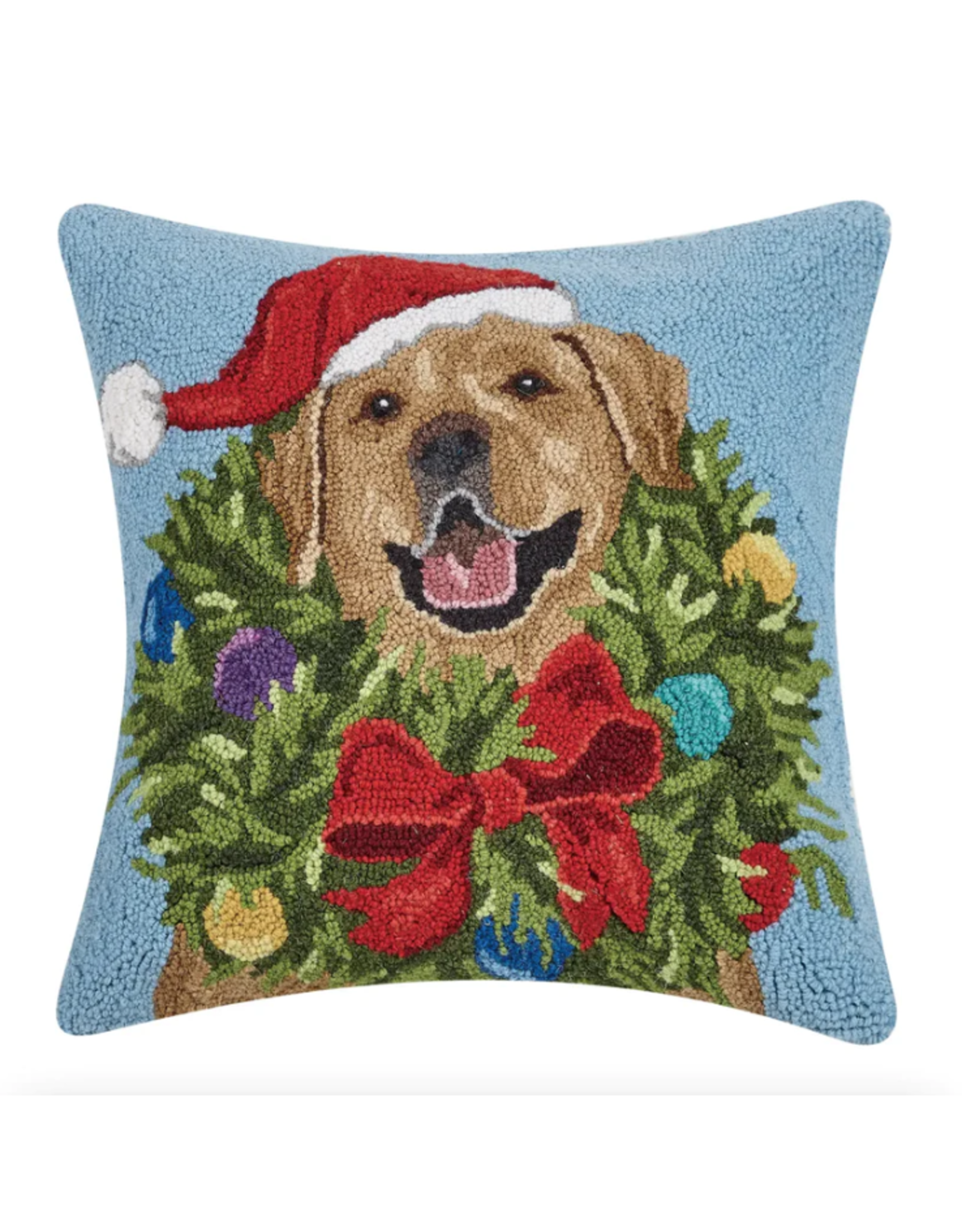 Peking Handicraft Hooked Pillow, Santa Golden Lab with Wreath