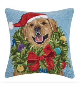Peking Handicraft Hooked Pillow, Santa Golden Lab with Wreath