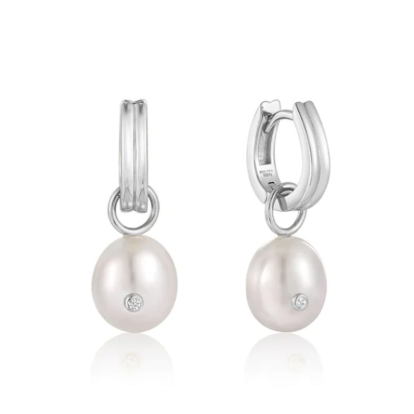 Ania Haie Ania Haie Pearl Power Drop Sparkle Huggie Hoops, silver