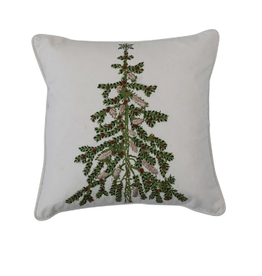 Creative Co-Op 18" Square Cotton Printed Pillow w/ Christmas Tree, Embroidery & Piping, White & Green