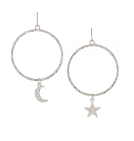 Rain: Silver Moon/Star Charm Circle Earrings