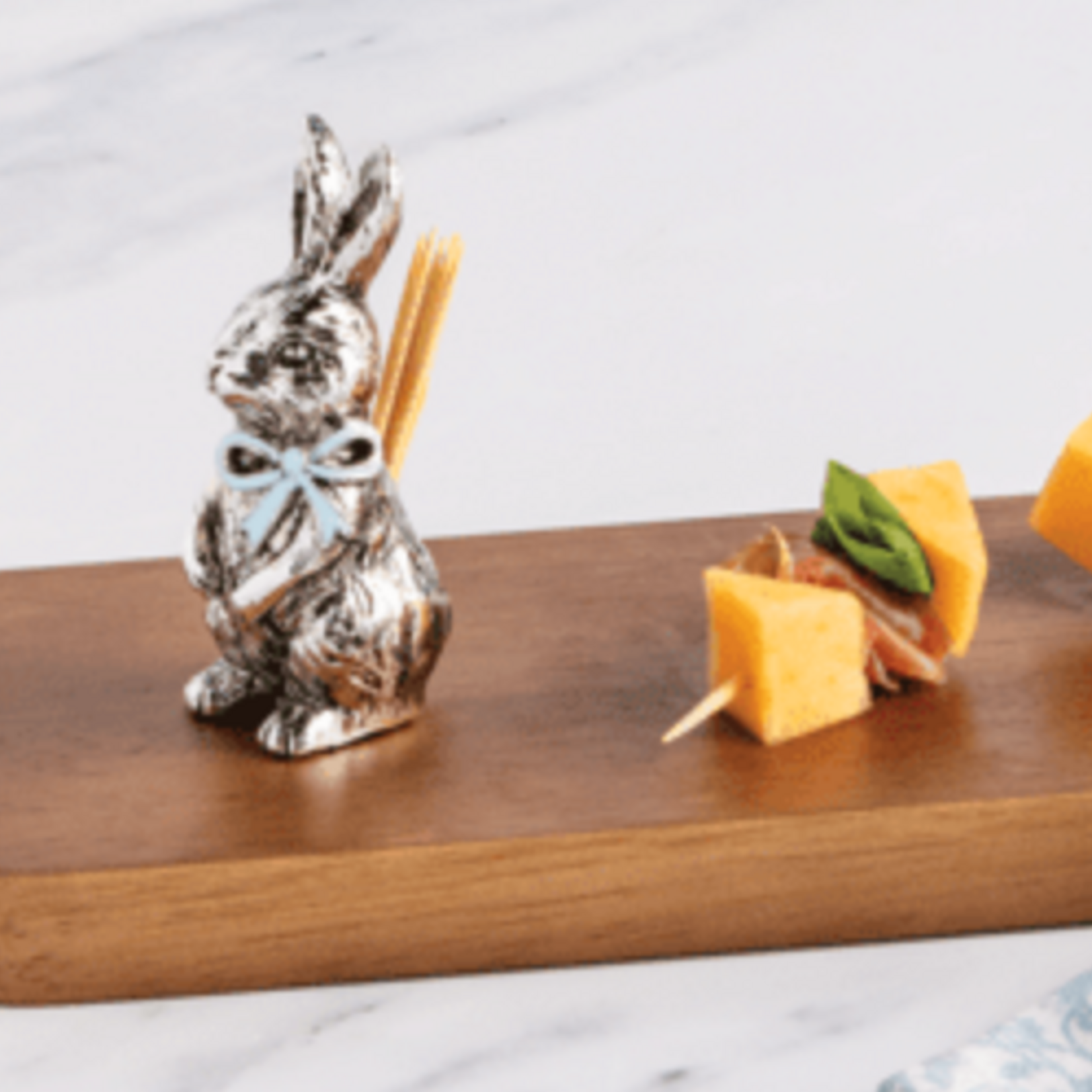 Wooden Serving Tray with Metal Bunny Toothpick Holder