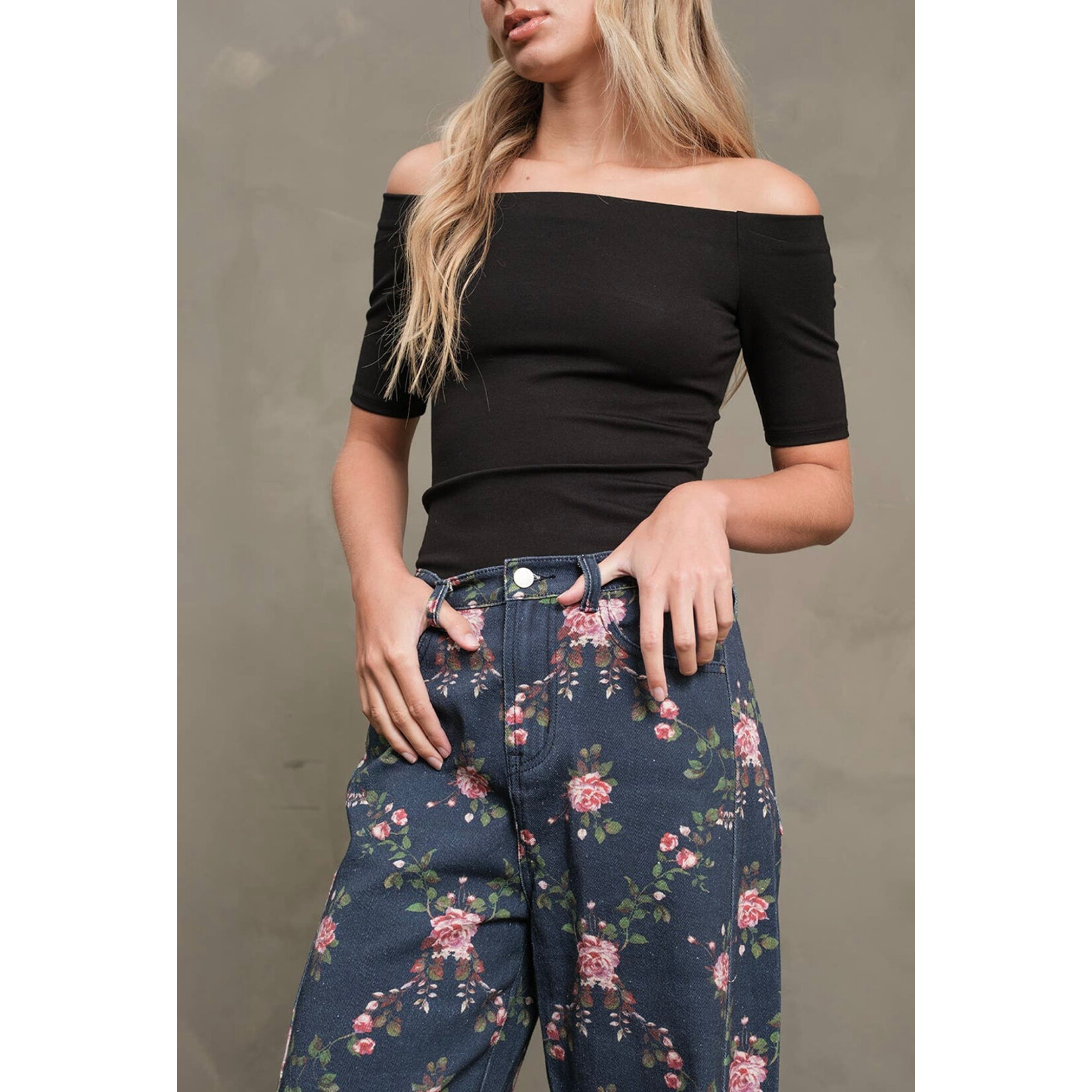 Floral Print Barrel Leg Denim Pants