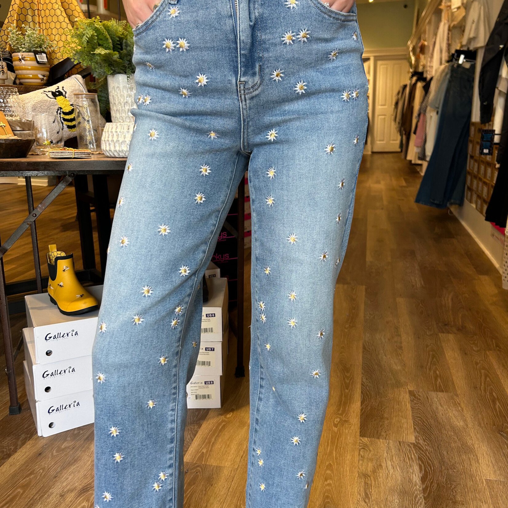 High Rise Embroidered Wide Leg Jeans,